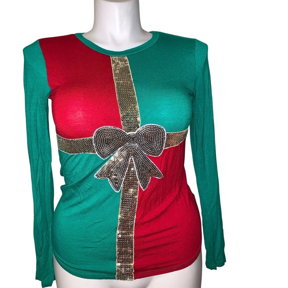 mmmmmm Sequins Bow Christmas Long-Sleeve Red and Green Shirt Size Small